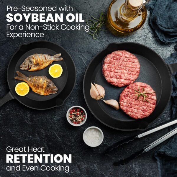 Cast Iron Skillets - 3 Pan Cast Iron Set (6",8",10" Inch) With Handle Cover & Scraper, Pre-Seasoned Saute Fry Oven Safe Cookware For Home & Outdoor Cooking & Frying On Stove, Grill & Campfire - Image 3
