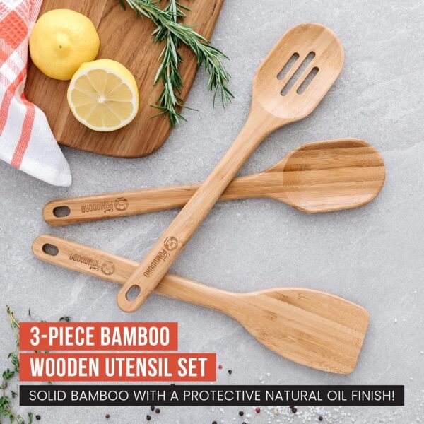 Chef Pomodoro Wooden Cooking Utensils 3-Piece Set, Bamboo | Large 12.5-Inch, Wooden Spatula for Cooking, Kitchen Utensil Set | Wooden Kitchen Frying Set, - Image 3