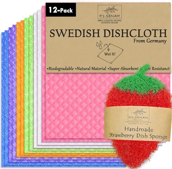 [12Pack+1Loofah Dish Sponge] 100% Natural Biodegradable Swedish Dishcloths for Kitchen | No-Discoloration, No-Odor, Super Absorbent Dish Sponge | Paper Towel, Dust Wipes Replacement