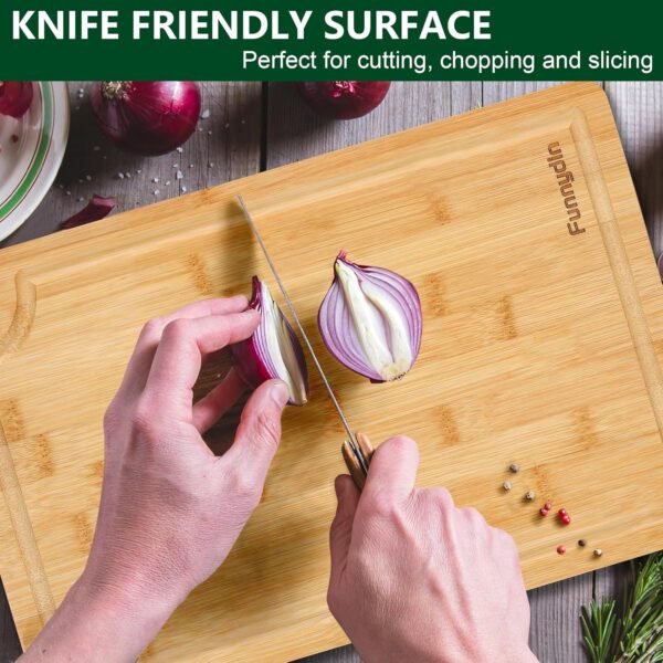 Organic Bamboo Cutting Board Set of 3, Large Wooden Cutting Boards for Kitchen, Wood Cutting Board with Juice Grooves, Side Handles and Hanging Holes, Reversible Chopping Board - Pre Oiled - Image 5