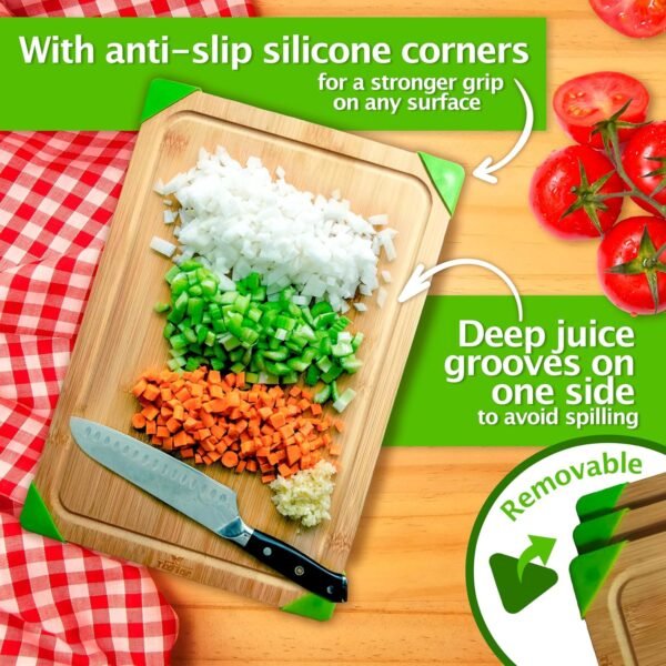 Bamboo Cutting Boards for Kitchen, Set of 3 with Juice Slot and Non-Slip Corners, Double-Sided Wooden Chopping Board for Meat, Fruits, Vegetables and Cheese - Image 3