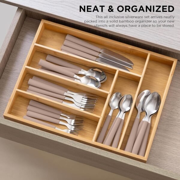 COOK WITH COLOR Bamboo Kitchen Utensil Set with Drawer Organizer | Cooking Tools and Storage Caddy, Brown, 25 Piece Cutlery Set - Image 3