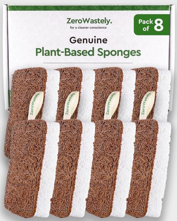 Natural Sponges for Dishes - More Durable and Genuinly Eco Friendly Sponges - 100% Coconut Sponge - Zero Polyester Odor Free Biodegradable Kitchen Sponges - Stiched Compostable Sponges by ZeroWastely