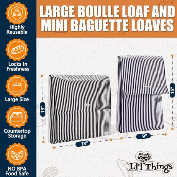 Li'l Things Eco-friendly Reusable Beeswax Bread bags | Improved Beeswax Coating | Set of 2 Sizes |13'x13' & 15’x9’ | 6 Different Themes | Great for Home-Baked Store Bought Bread | Stripey Black - Image 7