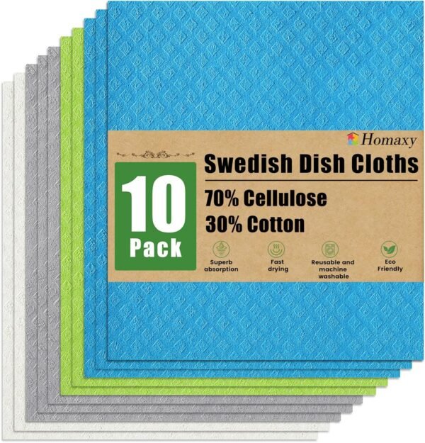 Homaxy Swedish Dishcloths for Kitchen, 10 Pack Reusable and Washable Cellulose Sponge Cloths Dish Towels, Absorbent and No Odor Paper Towels for Dishes ＆ Counters, Blue/White/Grey/Green