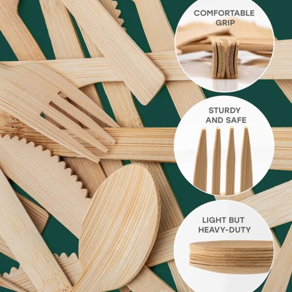 100% Bamboo Utensils - 360PCS Combo Pack Carbonized Disposable Cutlery Biodegradable and Sanitized - Heavy Duty & Fully Functional - Image 3