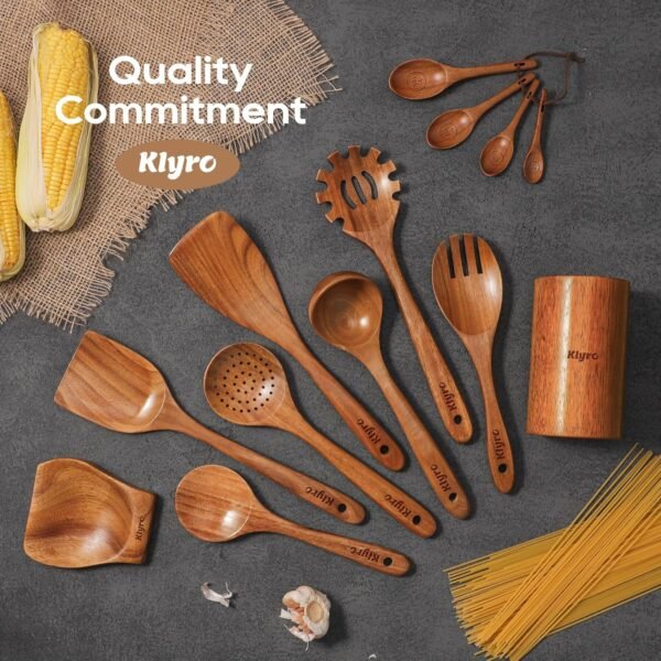 Wooden Spoons for Cooking, Nonstick Kitchen Utensils Set with 4 Piece Measuring Spoons, Comfort Grip Wooden Spatula Set, 9 Piece Teak Wooden Cooking Utensils with Holder and Spoon Rest - Image 6