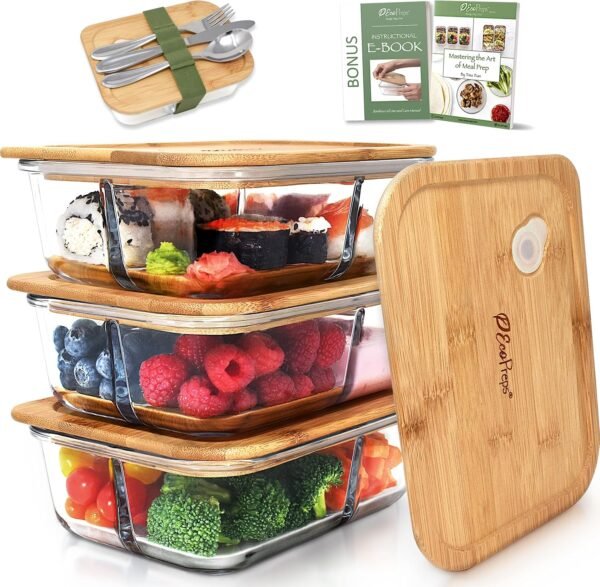 Glass Bento Box Containers with Bamboo Lids, 3 Compartment Glass Meal Prep Containers [3 Pack] - 100% Plastic Free, Eco-Friendly Glass Lunch Containers, Bamboo Glass Bento Boxes for Adults