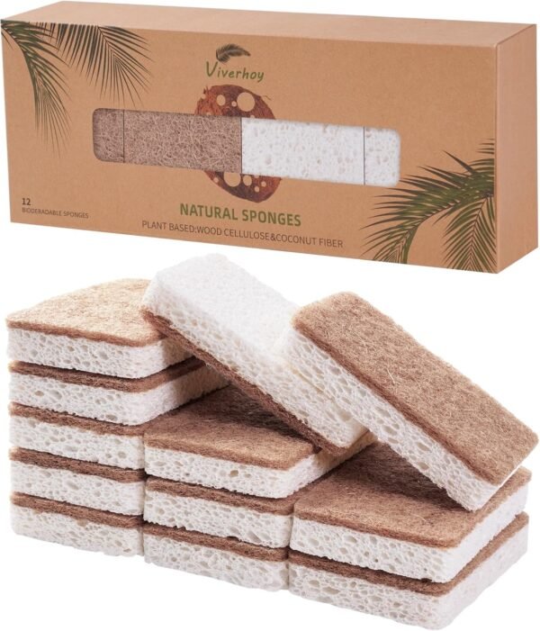 Natural Kitchen Sponge 12 Packs - Biodegradable Sponge - Eco-Friendly Sponge for Sustainable Living - Compostable Wood Cellulose and Coconut Washing Sponge.