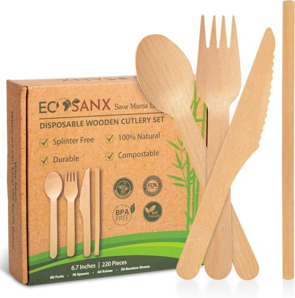 220 PCs Wooden Cutlery set | 6.5" Splinter Free Compostable Utensils, Biodegradable, Eco-Friendly | 100% All - Natural Bamboo Utensils for Outdoor, Party & More- Disposable Bamboo cutlery