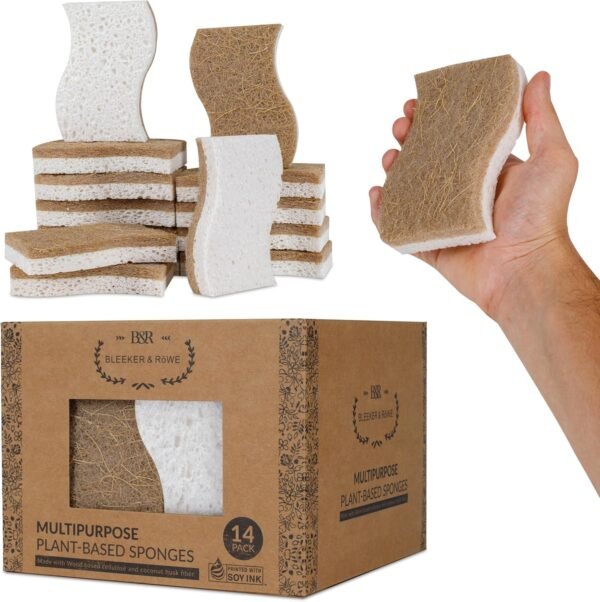 Natural Kitchen Sponge - Biodegradable Compostable Cellulose and Coconut Scrubber Sponge - 14pcs