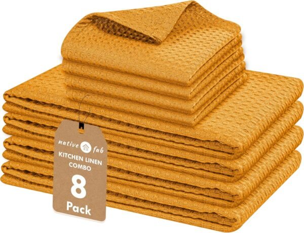 Native Fab 100% Cotton Kitchen Towels 4 Pack (16"x26") & Dish Cloths 4 Pack (12"x12") - 8 Piece Kitchen Set, Absorbent, Durable for Cleaning and Cooking - Ideal for All Kitchen Tasks - Mustard Yellow