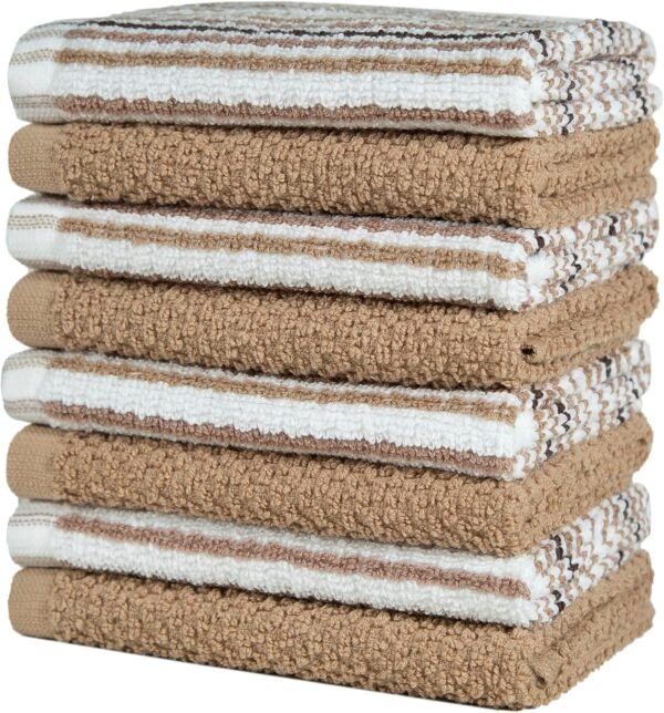 Bumble Premium Dish Cloths Towel 12"x12" | 100% Natural Ring Spun Cotton Tea Towel Set | 430 GSM | Highly Absorbent & Soft Dish Towels | 8 Pack - 4 Popcorn Striped & 4 Solid Kitchen Towels - Tan - Image 5