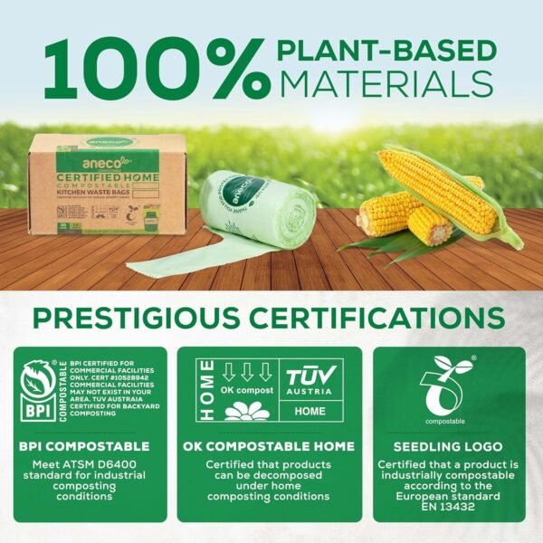 ANECO 100% Compostable Food Waste Bags 1.6 Gallon With Handles (30 Count), Small Compost Bags for Countertop Bin, OK Compost HOME & BPI Certified Compostable Kitchen Food Waste Bags - Image 6