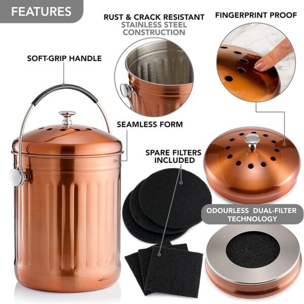 RED FACTOR Premium Compost Bin for Kitchen Countertop - Stainless Steel Food Waste Bucket with Innovative Dual Filter Technology - Includes Spare Filters (Matt Copper, 1.3 Gallon) - Image 5