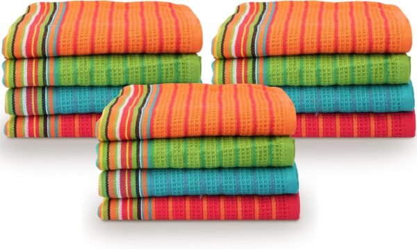 TEXAS LINEN CO. Kitchen Dish Towels, 100% Cotton Salsa Towels, Set of 12 (16x28 Inches), Multi Purpose Cooking Drying Restaurant Bar Cleaning Cloth Napkin, Highly Absorbent, Lint Free, Multi-Color