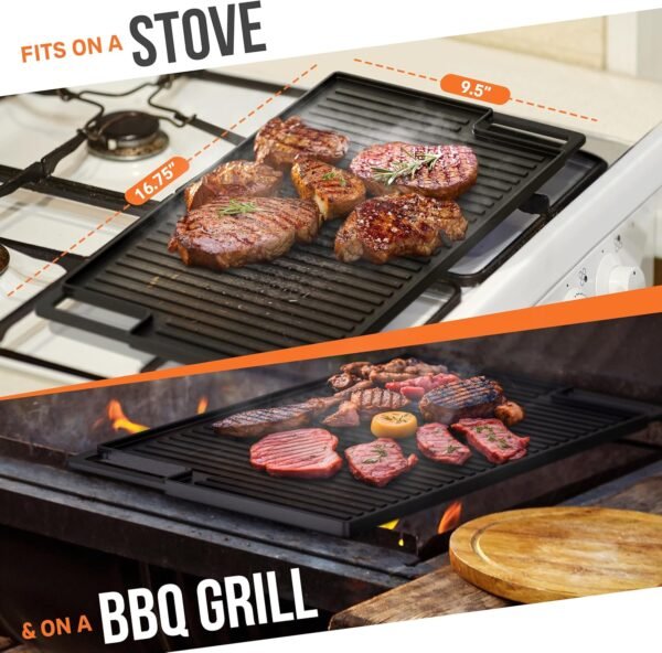 Cast Iron Griddle, Reversible Grill/Griddle + Cast Iron Press + Pan Scraper + Pinch Mitts, Grill Pan For Stove Top, Gas Grill, Indoor & Outdoor Cooking - Pre Seasoned & Non-stick (9.5" x 16.75") - Image 3