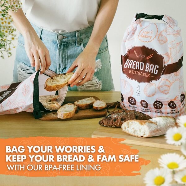 Reusable Bread Bags for Homemade Bread- Sourdough Bread Bags- Freezer Safe, BPA-Free Homemade Bread Storage Bags- Bread Storage Containers with Beeswax Wrap. Retro Orange- 2 Pack- Oscar's Bakery - Image 5
