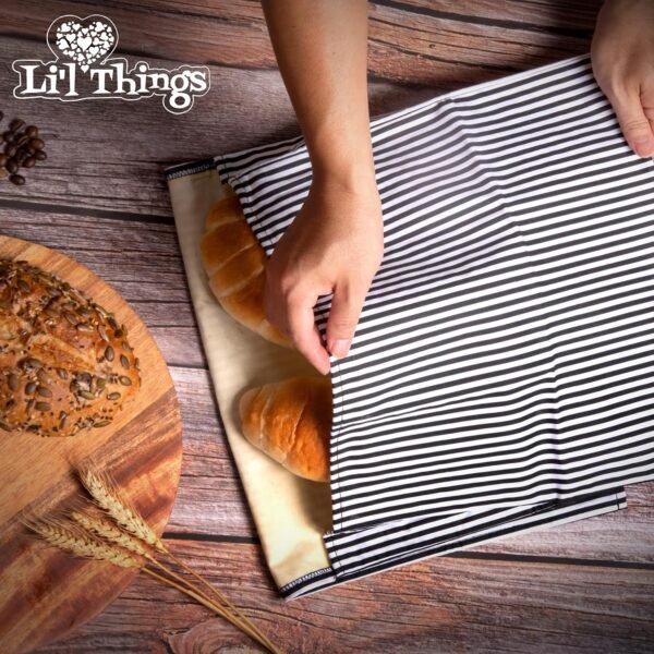 Li'l Things Eco-friendly Reusable Beeswax Bread bags | Improved Beeswax Coating | Set of 2 Sizes |13'x13' & 15’x9’ | 6 Different Themes | Great for Home-Baked Store Bought Bread | Stripey Black - Image 2