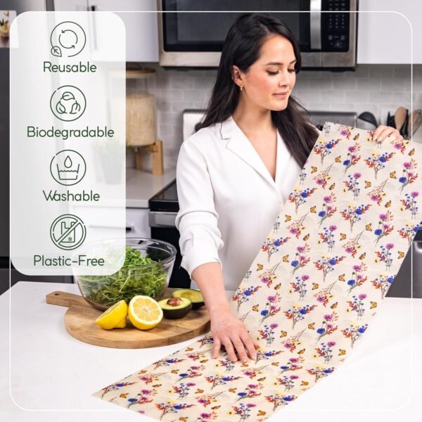 Eco Friendly Beeswax Wraps for Food Sustainable Storage - Organic Cotton Floral Food Wrap - 13 x 40 Inches - Reusable Food Storage Wrap - Cut to Size - for Bread, Cheese, Fruits & Vegetables - Image 3