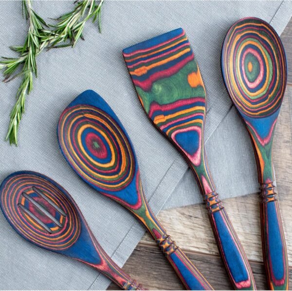 Exotic Pakkawood 6-Piece Kitchen Utensil Set with 12-in Spoon, 12-in Slotted Spoon, 12-in Spatula, 12-in Corner Spoon, 13-in Large Spurtle, Double Measuring Spoon - by Crate Collective (Rainbow) - Image 8