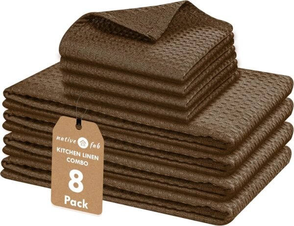 Native Fab Kitchen Towels 4 Pack (16"x26") & Dish Cloths 4 Pack (12"x12") - 8 Piece Kitchen Set, 100% Cotton, Absorbent & Durable for Cleaning and Cooking - Perfect for Home & Kitchen Use - Brown