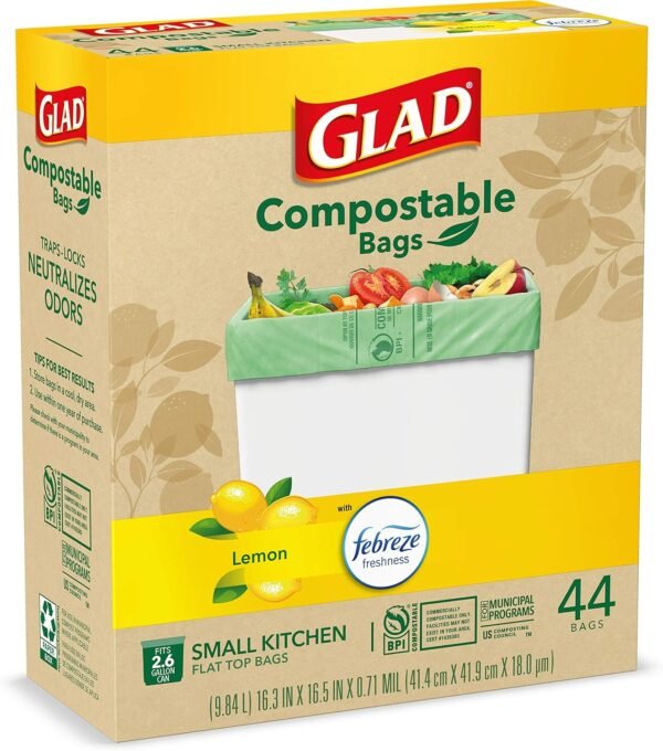 Glad Trash Bags, Kitchen Compost Bags 2.6 Gallon Garbage Bags, 100% Compostable Bag, Febreze Lemon, 44 Count (Package May Vary), Light Yellow - Image 12