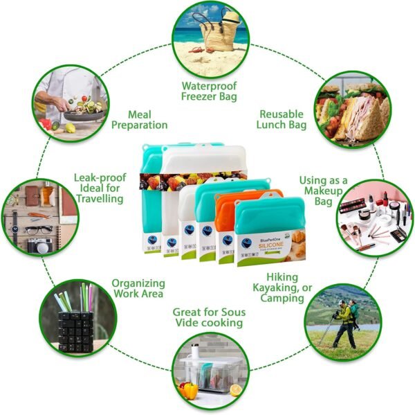 100% Silicone Bags Reusable Storage - Freezer Bags - 6 Reusable Silicone Bags For Food Storage with Two of each (1/2 Gal, Large and Medium) and Complementary Cotton Mesh Bags - Image 5