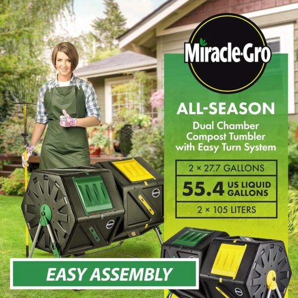 Miracle-Gro Large Dual Chamber Compost Tumbler – Easy-Turn, Fast-Working System – All-Season, Heavy-Duty, High Volume Composter with 2 Sliding Doors - (2 – 27.7gallon /105 Liter) - Image 2