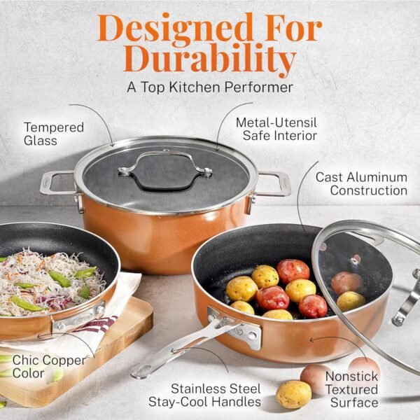 GOTHAM STEEL 10 Pc Copper Pots and Pans Set Non Stick, Kitchen Cookware Sets, Space Saving Non Stick Pots and Pan Set, Nonstick Cookware Set, Non Toxic Cookware Set, Pot Set, Dishwasher Safe - Image 6