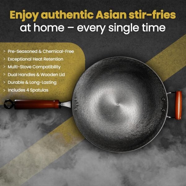 Pre-Seasoned Cast Iron Wok | Nonstick Stir-Fry Pan | Wok with Dual Handles and 4 Spatulas | Flat Bottom Wok with Wooden Lid and Wood Handle | Uncoated Traditional Chinese Wok for Induction - Image 2