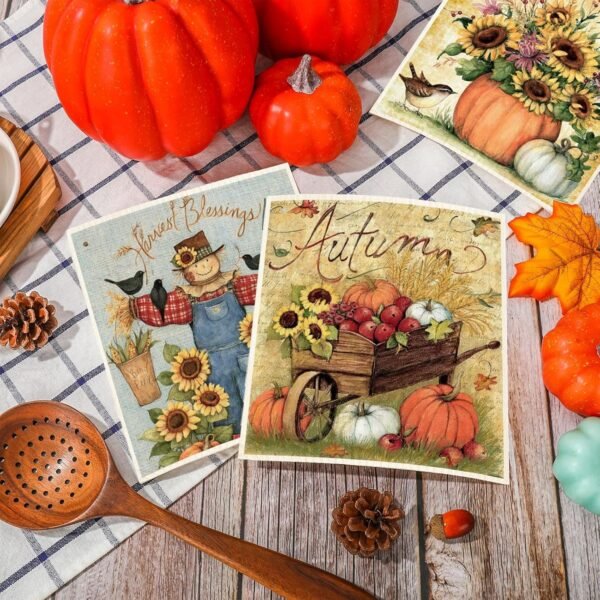 Fall Swedish Kitchen Dishcloth Sunflower Pumpkin Truck Cotton Towel Farm House Absorbent Dish Towel for Autumn Thanksgiving Housewarming Cleaning Wipes, 6Pcs, 7 x 8 Inch - Image 4