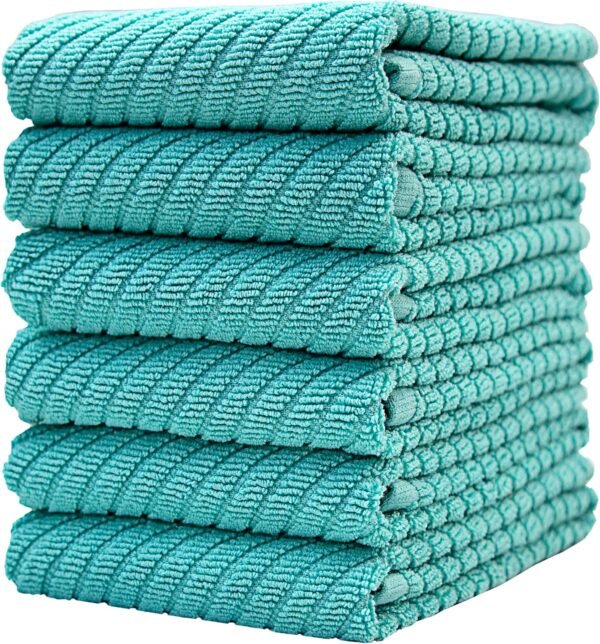Premium Kitchen Towels (16”x 25”, 6 Pack) | Large Cotton Kitchen Hand Towels | Dish Towels | Diagonal Weave Design | 445 GSM Highly Absorbent Tea Towels Set with Hanging Loop | Aqua