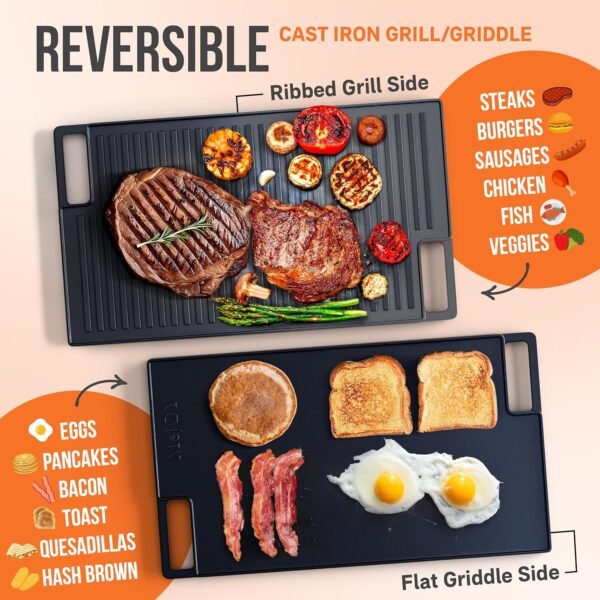 Cast Iron Griddle, Reversible Grill/Griddle + Cast Iron Press + Pan Scraper + Pinch Mitts, Grill Pan For Stove Top, Gas Grill, Indoor & Outdoor Cooking - Pre Seasoned & Non-stick (9.5" x 16.75") - Image 2