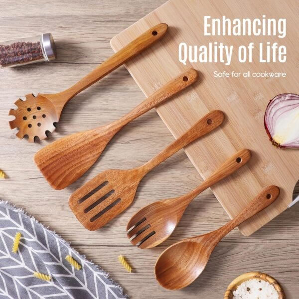 5 PCS Wooden Spoons for Cooking Natural Teak Kitchen Utensils Smooth Non-Stick Surface Cooking Utensils Set Soft Comfort-Grip Wooden Utensils for Cooking - Image 7