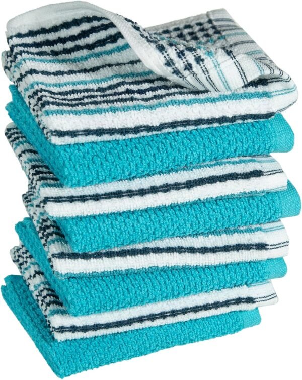Bumble Premium Dish Cloths Towel 12"x12" | 100% Natural Ring Spun Cotton Tea Towel Set | 430 GSM | Highly Absorbent & Soft Dish Towels | 8 Pack - 4 Popcorn Striped & 4 Solid Kitchen Towels - Aqua - Image 6