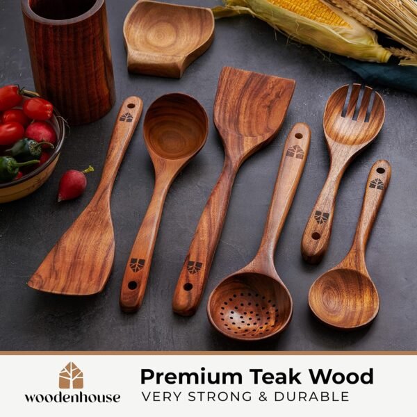 Wooden Spoons for Cooking, Wooden Cooking Utensils Set, Wooden Utensil Set with Holder, Spoon Rest & Hooks, Kitchen Gifts for Women, Kitchen Cookware – Durable Set of 8pcs by Woodenhouse - Image 3
