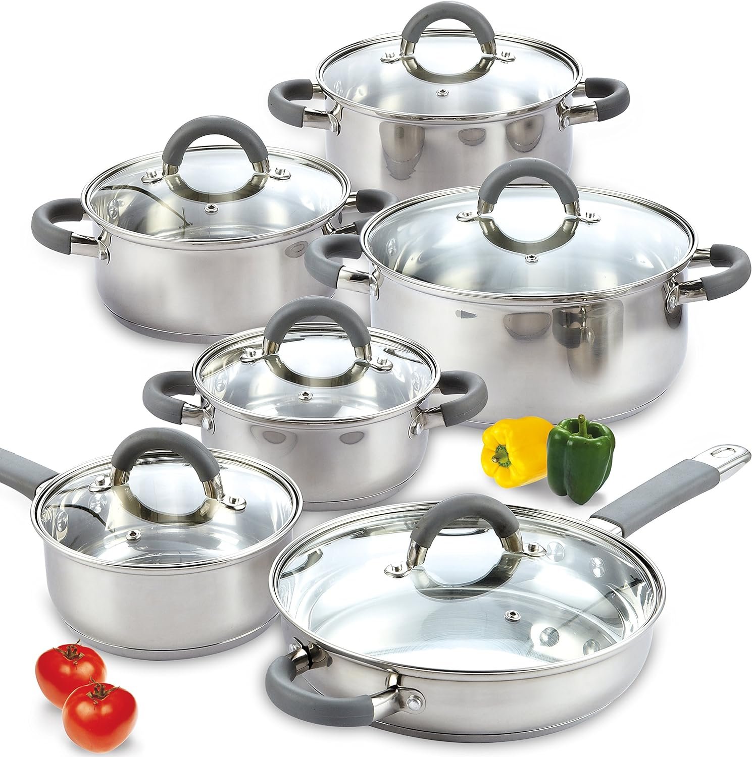 Cook N Home Cookware Basic Pots and Pans, 12 Piece set, Stainless Steel Grey Silicone Handle
