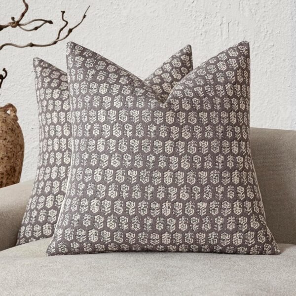 Foindtower Set of 2 Decorative Vintage Print Floral Throw Pillow Covers Neutral Accent Farmhouse Cushion Covers Boho Home Decor for Chair Couch Sofa Bedroom Living Room Outdoor,22×22 Inch,Rustic Gray