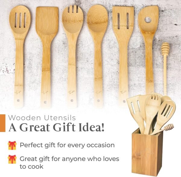 IGA Organic Bamboo Cooking Utensils Set Spoons, Spatulas With Holder For High Heat Resistant In Nonstick Pots, Pans & Cast Irons Skillets (8-Piece Set) Great Gift Idea For Everyday Use - Image 6