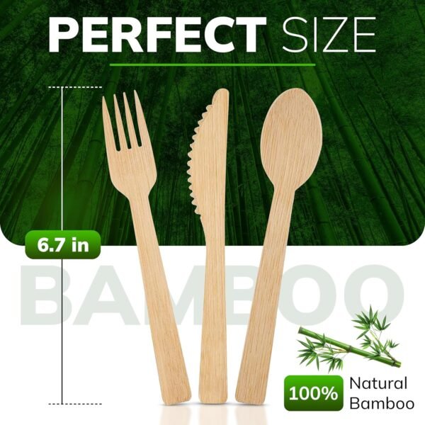 Bamboo Utensils Disposable Cutlery set - Or Reuse, Pack of 100 - Durable for Picnic - 50 Forks, 25 Spoons, and 25 Knives - Camping Products and Party Eating Supplies, Wooden Utensils - Image 4