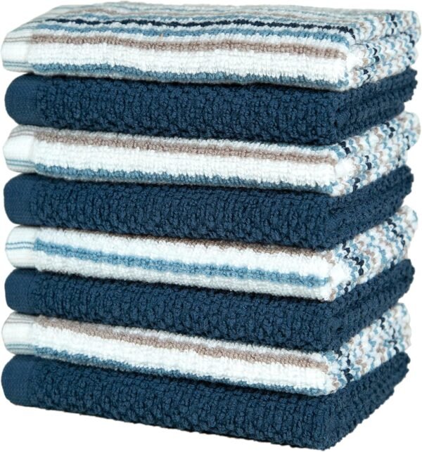 Bumble Premium Dish Cloths Towel 12"x12" | 100% Natural Ring Spun Cotton Tea Towel Set | 430 GSM | Highly Absorbent & Soft Dish Towels | 8 Pack - 4 Popcorn Striped & 4 Solid Kitchen Towels - Blue - Image 5
