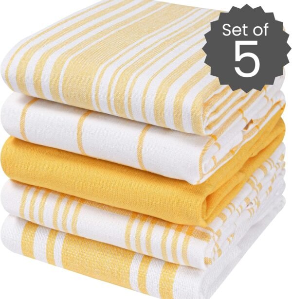 Cotton Clinic Assorted Kitchen Towels 5 Pack – Soft Absorbent Quick Drying Table & Kitchen Linen - Dish Towels, Dish Cloths, Tea Towels and Cleaning Towels with Hanging Loop – 16x28 / Yellow White - Image 2