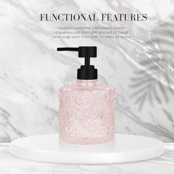 Marcella Glass Soap Dispenser with Soap Pump, Refillable 14 Ounce Capacity, Floral Design Rose Patterns, Heavy Weight Thick Glass for Bathroom, Premium Kitchen Soap Dispenser (Peach Blush) - Image 4