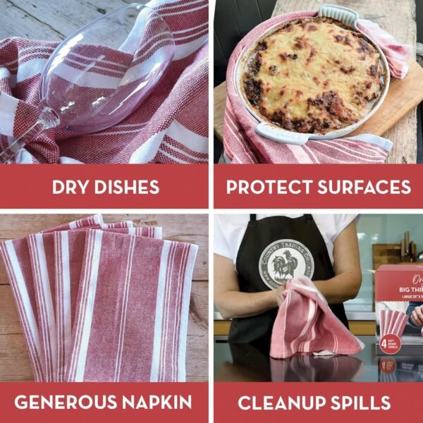 Country Trading Co. Big Thirsty Dish Towels - Organic Cotton Super Absorbent Kitchen Towels, Set of 4 – Soft Weave Machine Washable Tea Towels - 25” x 19” (Red) - Image 5