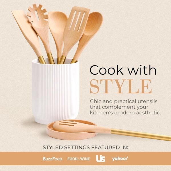 Wooden Utensil Set with Gold Stainless Steel Handles - 6 Piece Wooden Cooking Utensils for Nonstick Cookware - Stylish Wood and Gold Cooking Utensils for Modern Kitchens - Great for Gifting - Image 3
