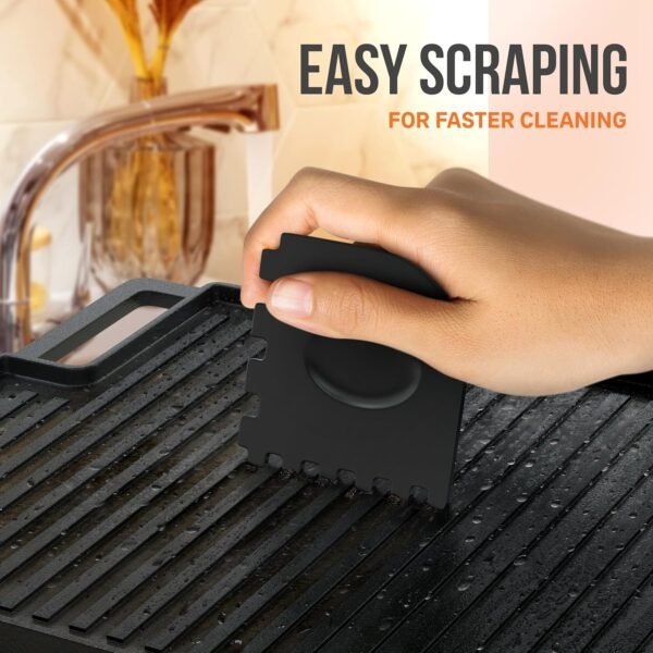 Cast Iron Griddle, Reversible Grill/Griddle + Cast Iron Press + Pan Scraper + Pinch Mitts, Grill Pan For Stove Top, Gas Grill, Indoor & Outdoor Cooking - Pre Seasoned & Non-stick (9.5" x 16.75") - Image 7