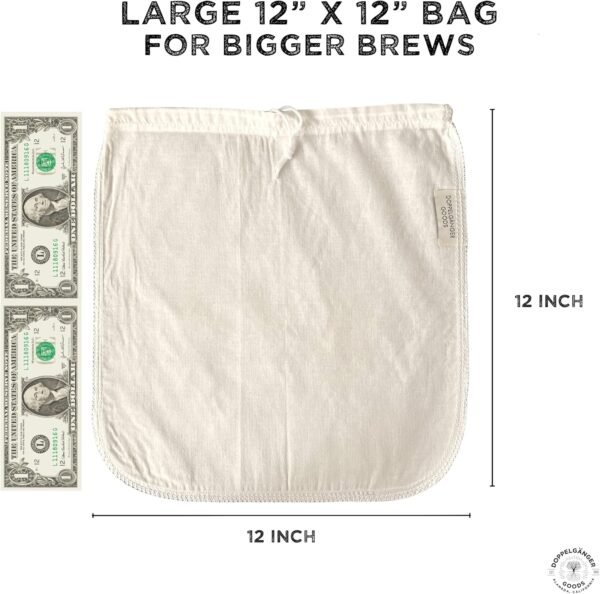 (2-Pack) Organic Cotton Cold Brew Coffee Bag - Designed in California - Reusable Coffee Filter with EasyOpen Drawstring Cold Brew Maker for Pitchers, Mason Jars, & Toddy Systems (Large 12" x 12") - Image 3