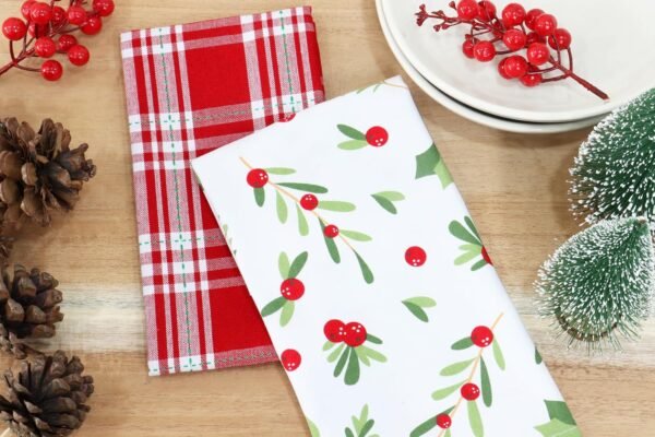 PurpleEssences Christmas Kitchen Towel Set of 2-100% Cotton Tea Towels for Baking, Cleaning, Entertainment & Cooking, Holiday - Mistletoe and Plaid - Image 2