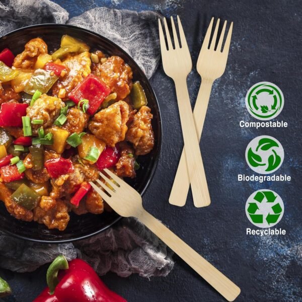 Disposable Bamboo Forks, 100-Count Set; BPA Free Splinter-Free Biodegradable & Ethically Sourced Compostable Cutlery Perfect for Appetizers and Cocktails - Bamboo Forks Disposable - Image 3